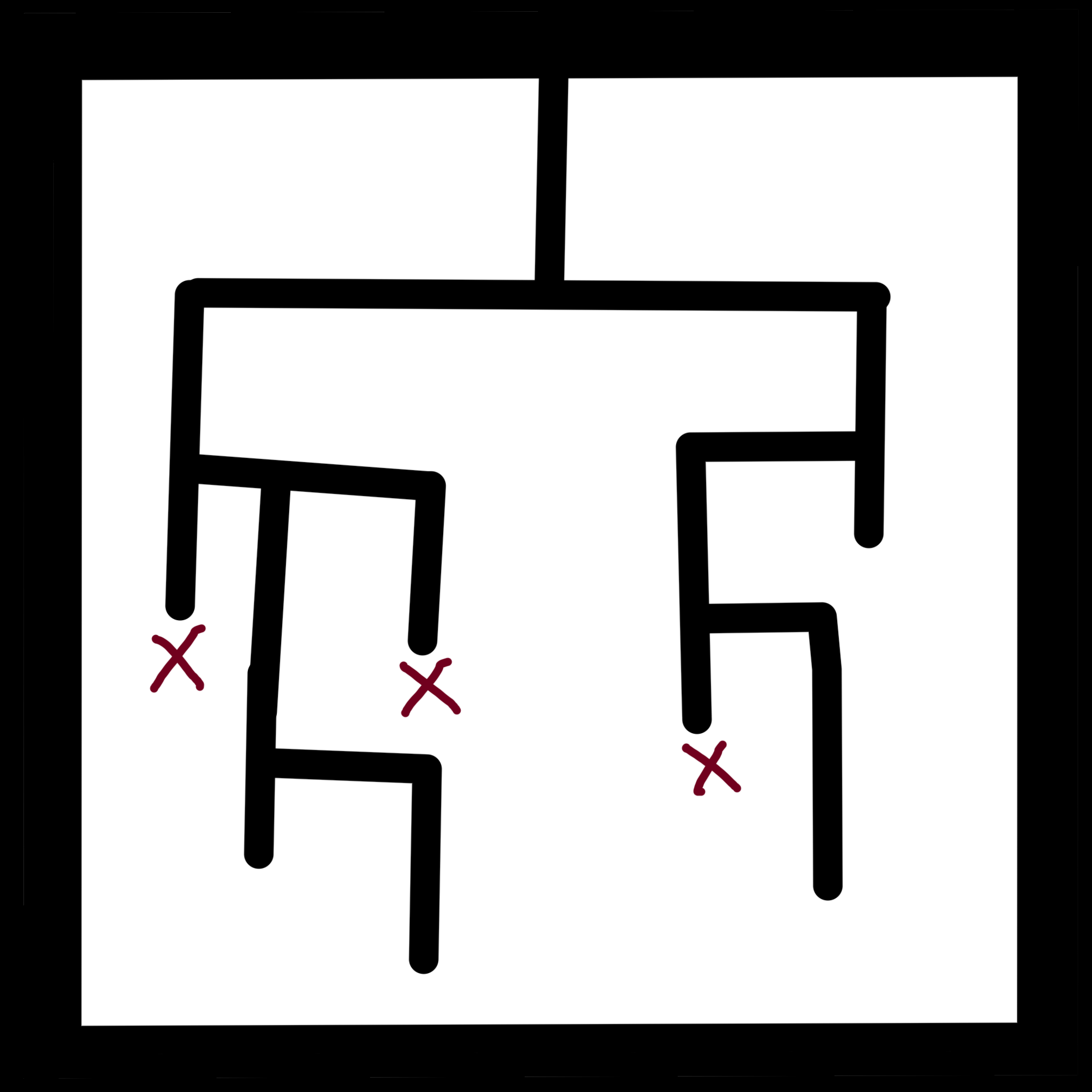  A black square with a drawing of a phylogenetic tree in it Some of the branches of it end in a red X